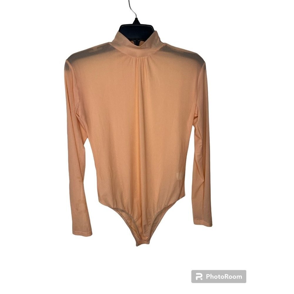 Womens Bodysuit Sheer Long Sleeves Mesh Layering Costume Color Peach Size XL